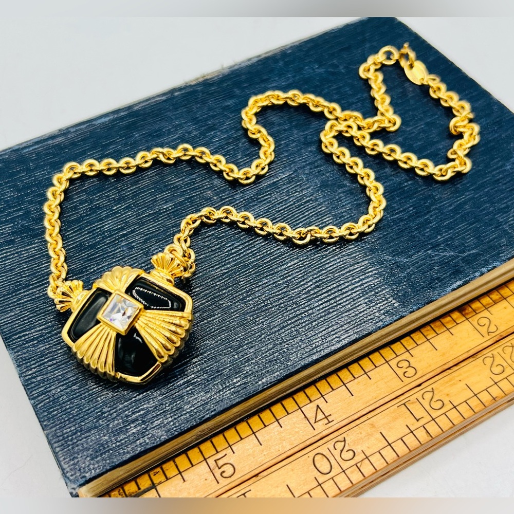 Vintage AVON gold & black necklace chunky rhinestone convertible pin 18”